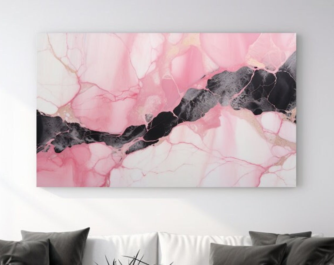 Pink and Black Marble Abstract Flowing Ink Luxury Veins Wall Art