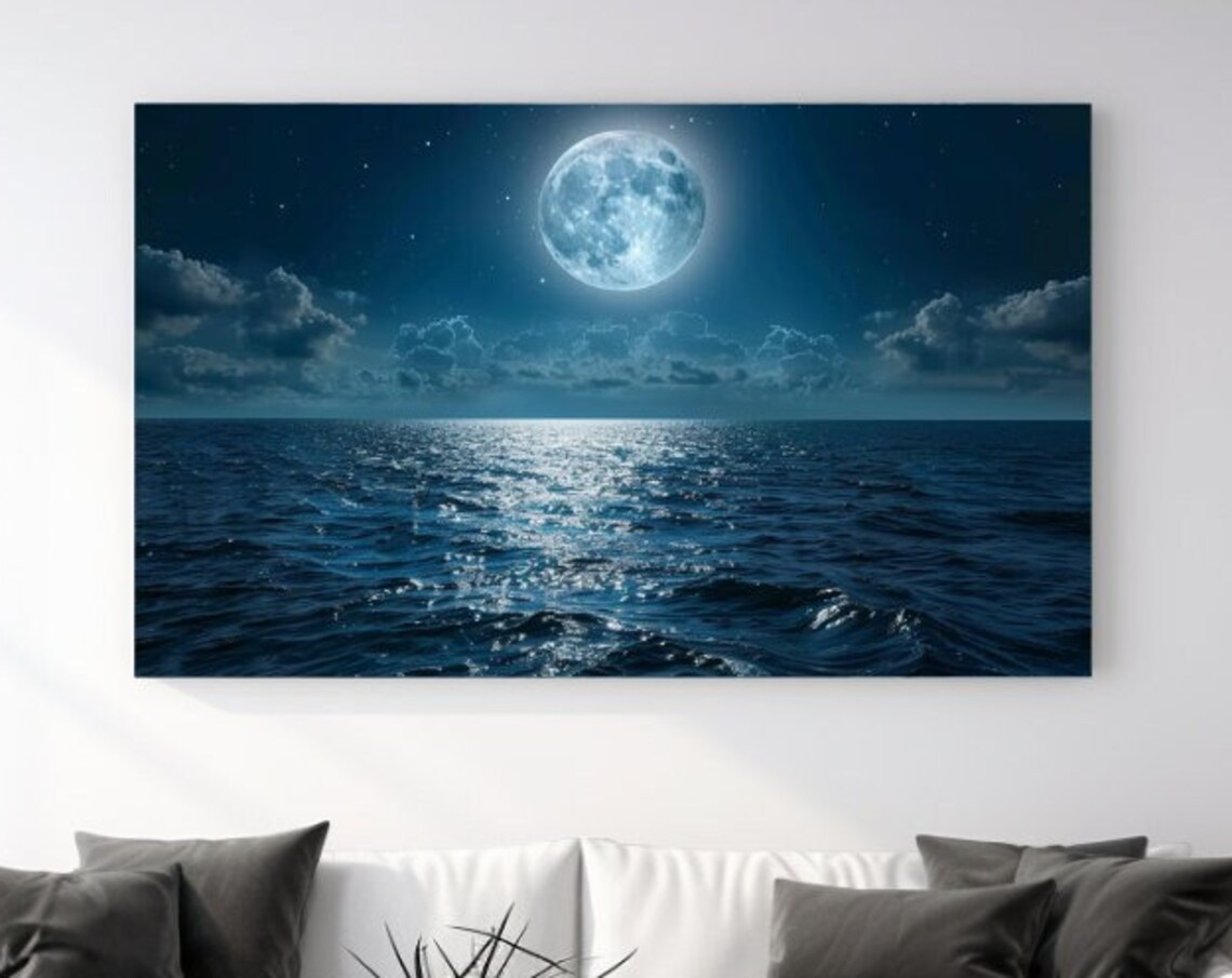 Full Moon Over Ocean Night Sky Moonlight Waves Serene Travel Poster