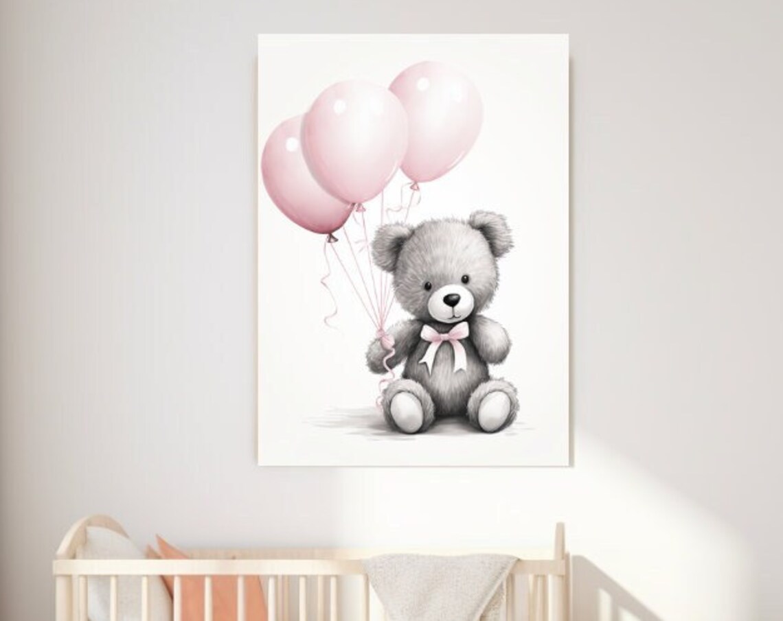 Cute Teddy Bear With Pink Balloons And Bow Nursery Art Poster