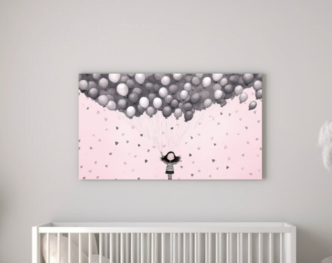 Little Girl With Big Balloon Bunch Pink Background Nursery Art Poster