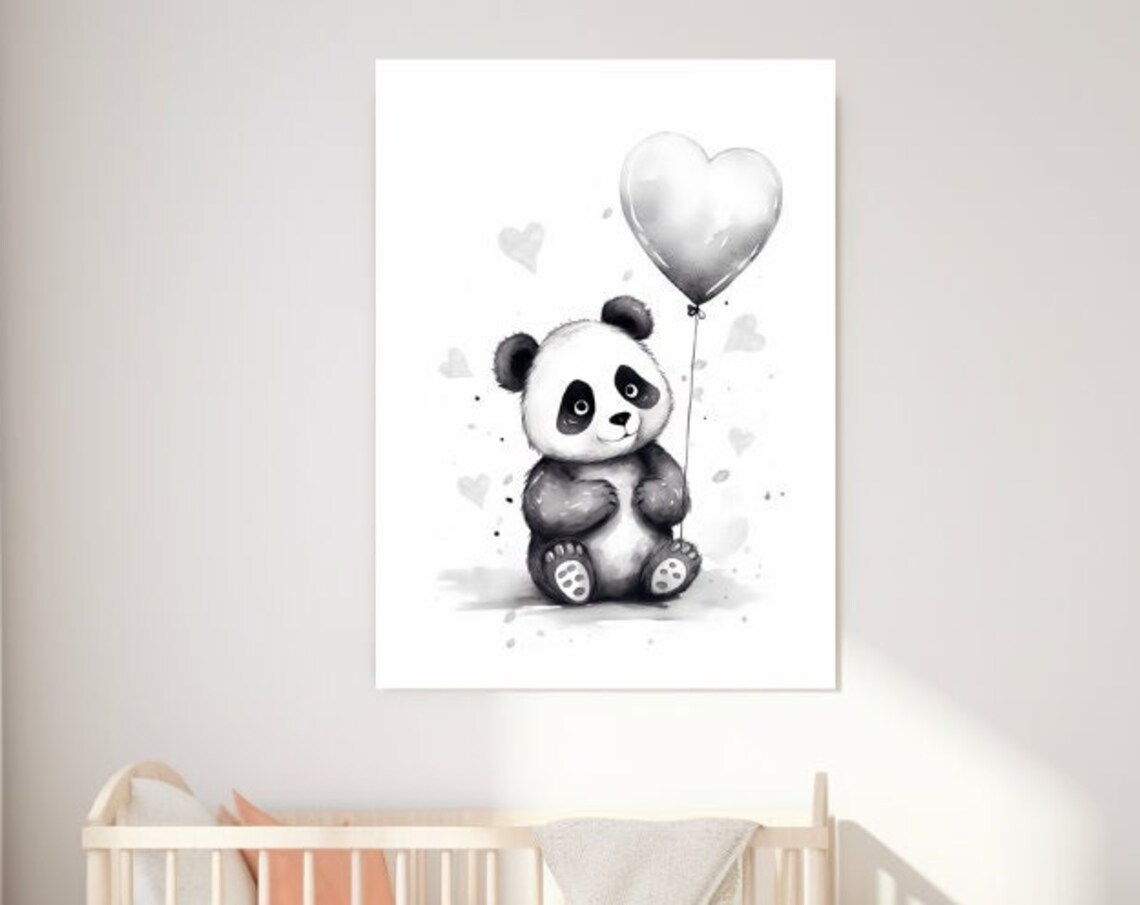 Cute Baby Panda With Heart Balloon Black And White Nursery Poster