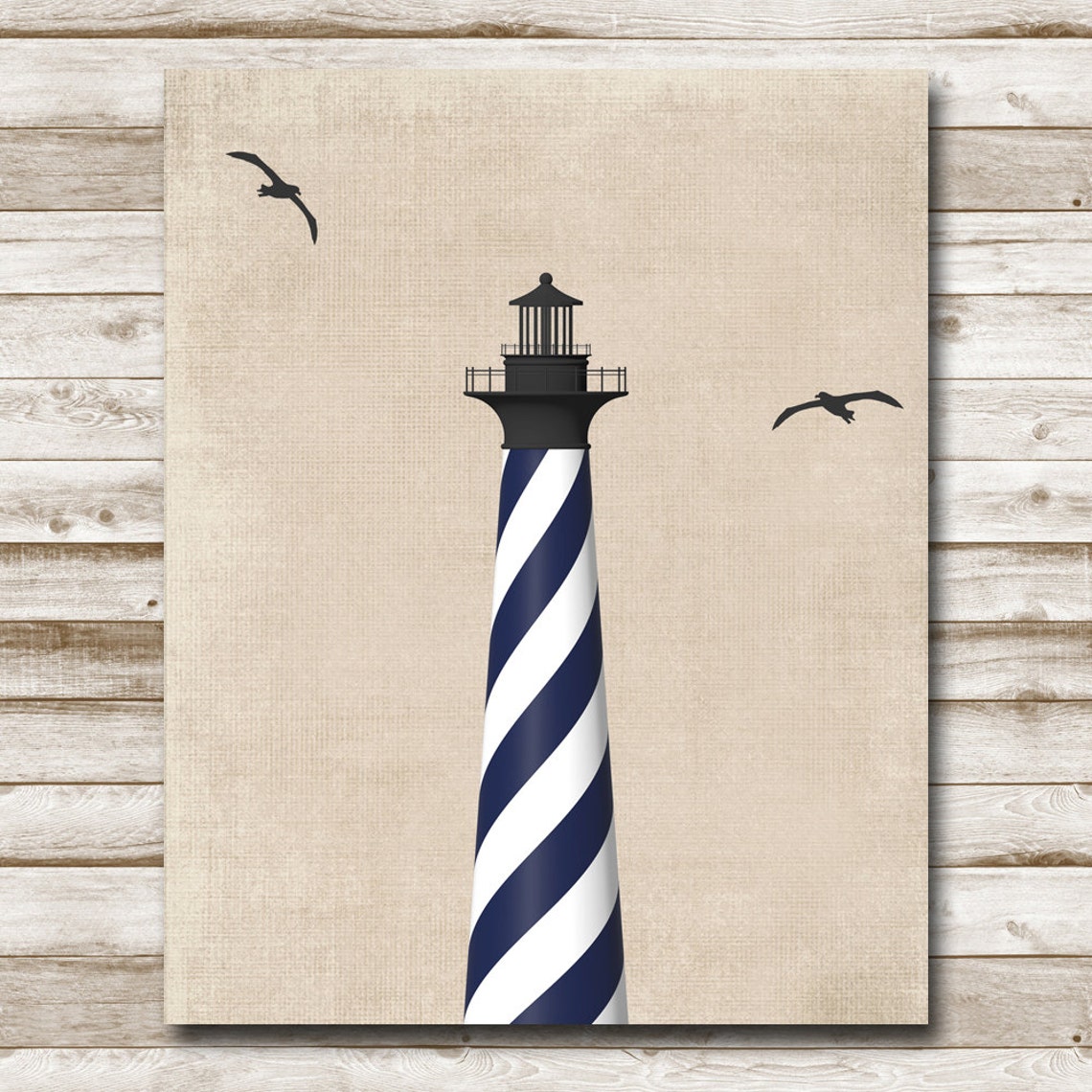 Navy Striped Lighthouse Seagulls Coastal Nautical Beach Art Poster - Image 5