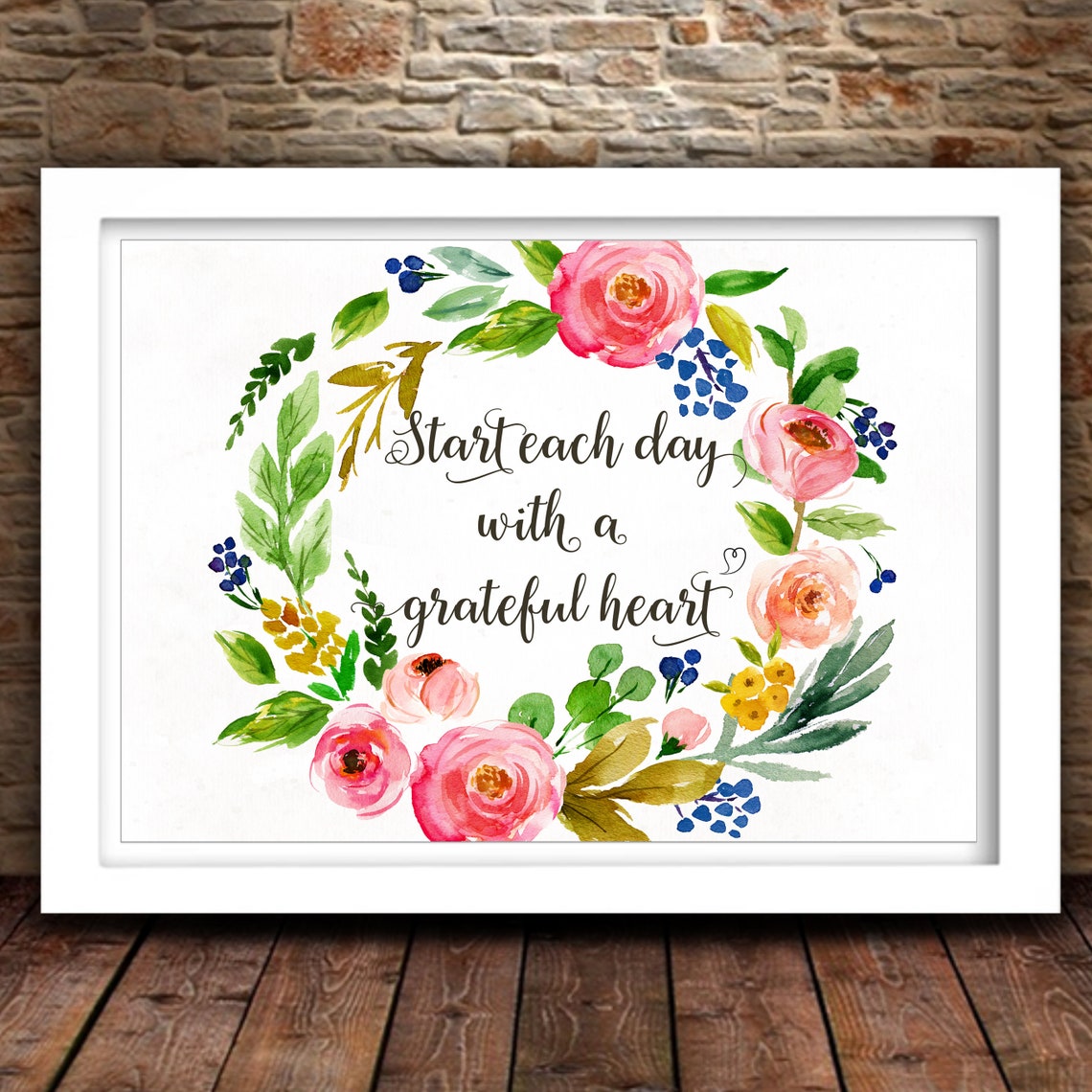 Start Each Day With A Grateful Heart Floral Wreath Calligraphy Poster - Image 2