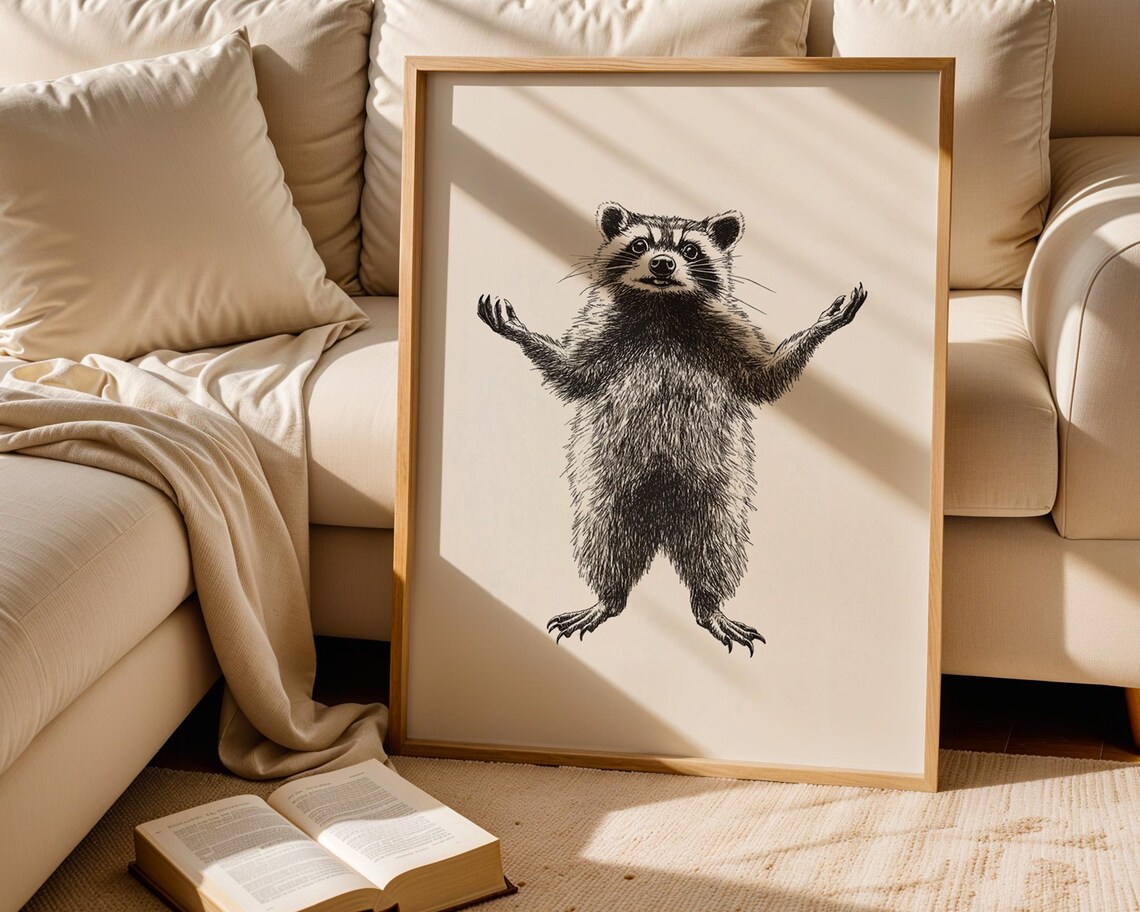 Vintage Standing Raccoon Engraving Animal Poster for Rustic Office Decor - Image 4