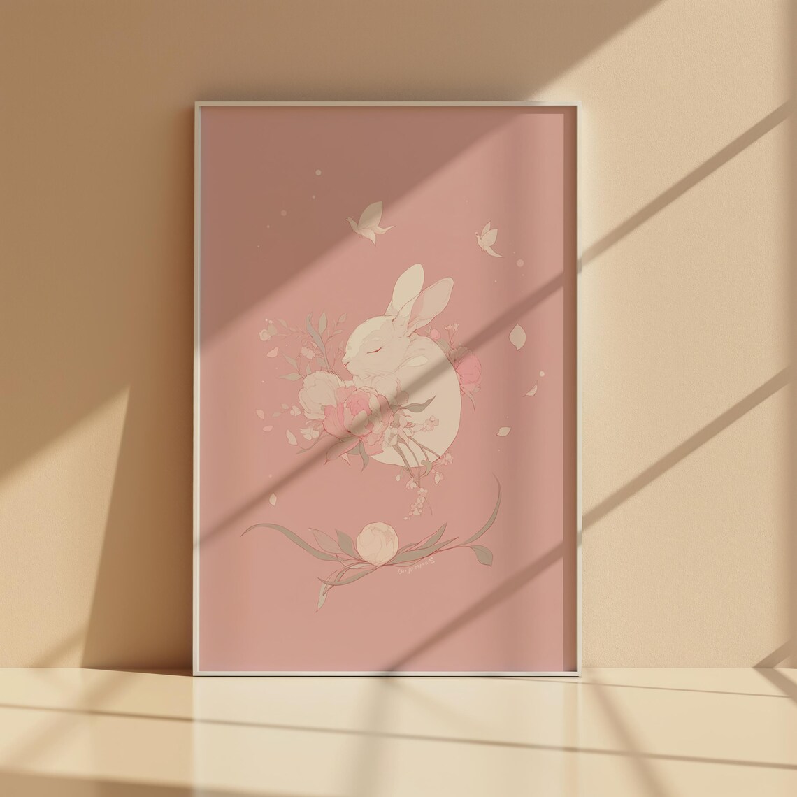 White Bunny with Flowers on Soft Pink Nursery Animal Wall Art - Image 6