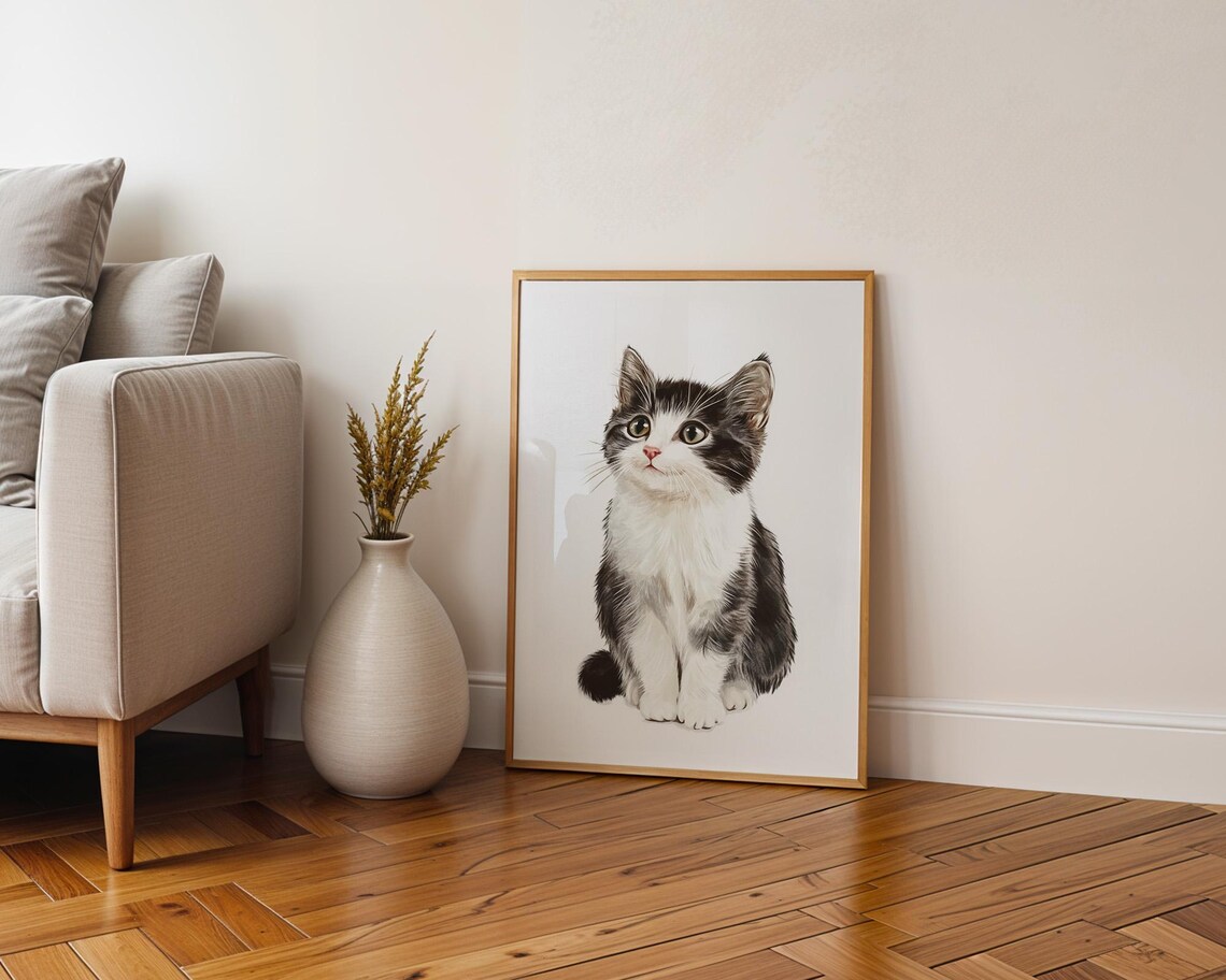 Sweet Black and White Kitten Sitting Cat Lovers Decor Poster - Image 5