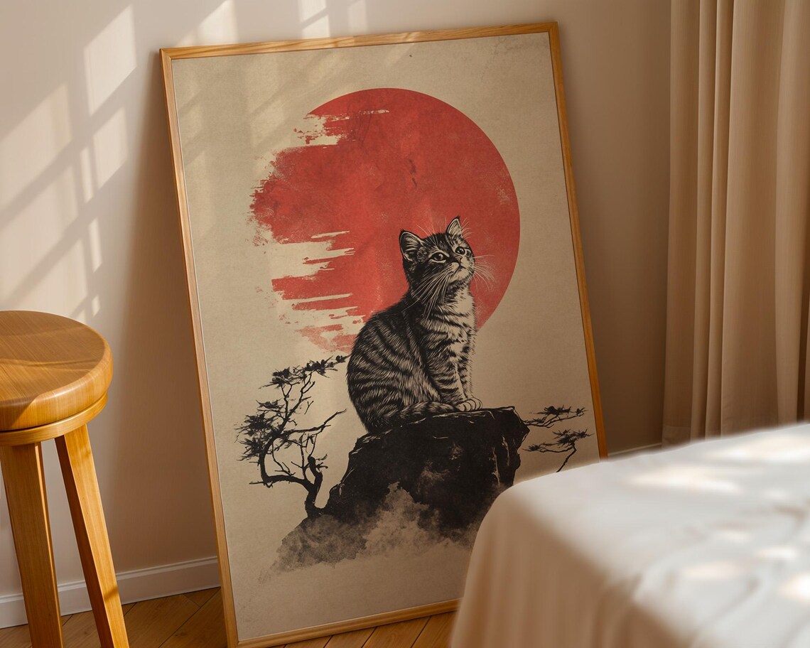 Japanese Tabby Cat Red Sun Sumi-e Style Art Poster for Wall Decor - Image 3