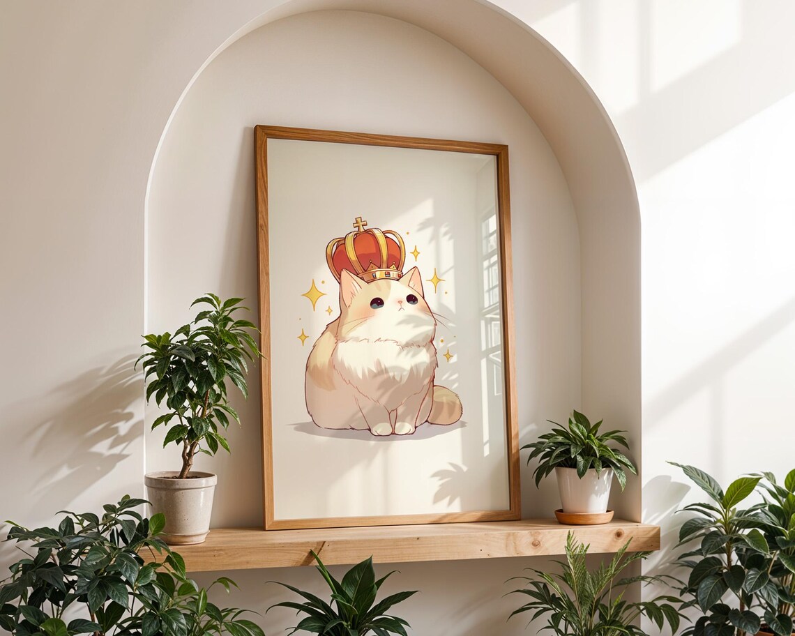 Cream Cat Wearing Royal Red Crown Cute Kawaii Kitty Wall Art - Image 4