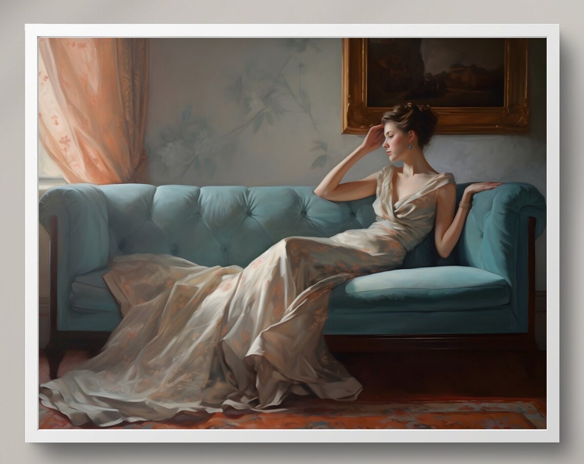 Elegant Woman Reclining on Blue Sofa Classical Oil Painting Poster - Image 3