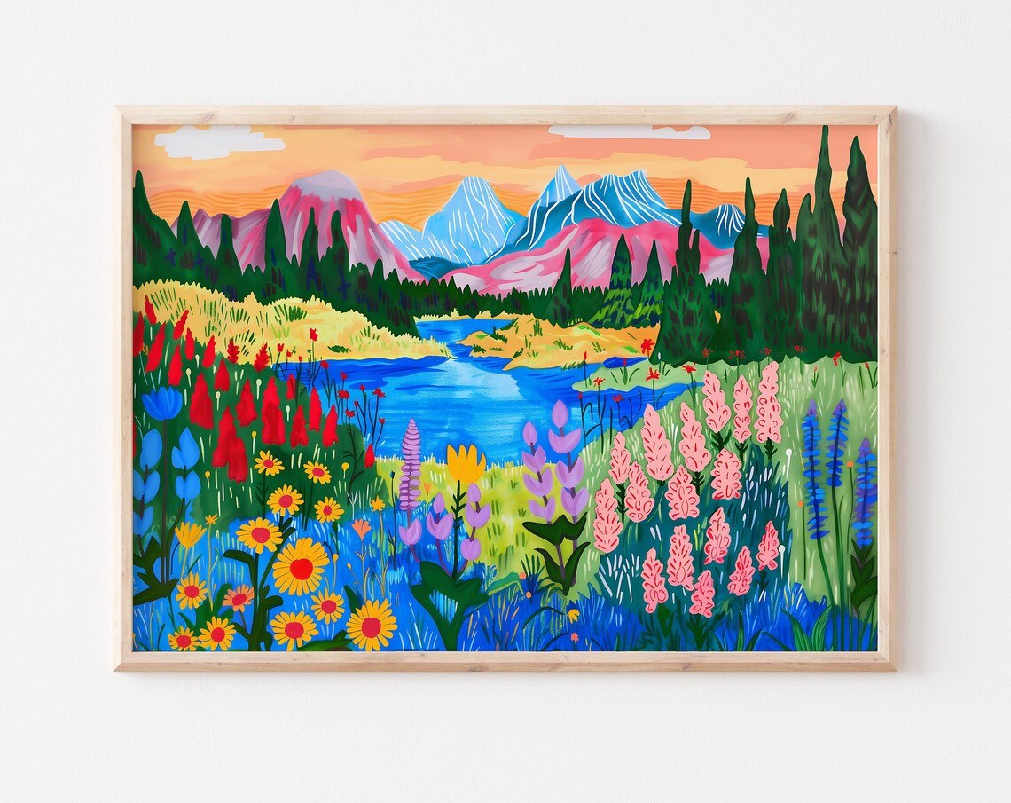 Colorful Mountain Flowers Nature Illustration Art Print