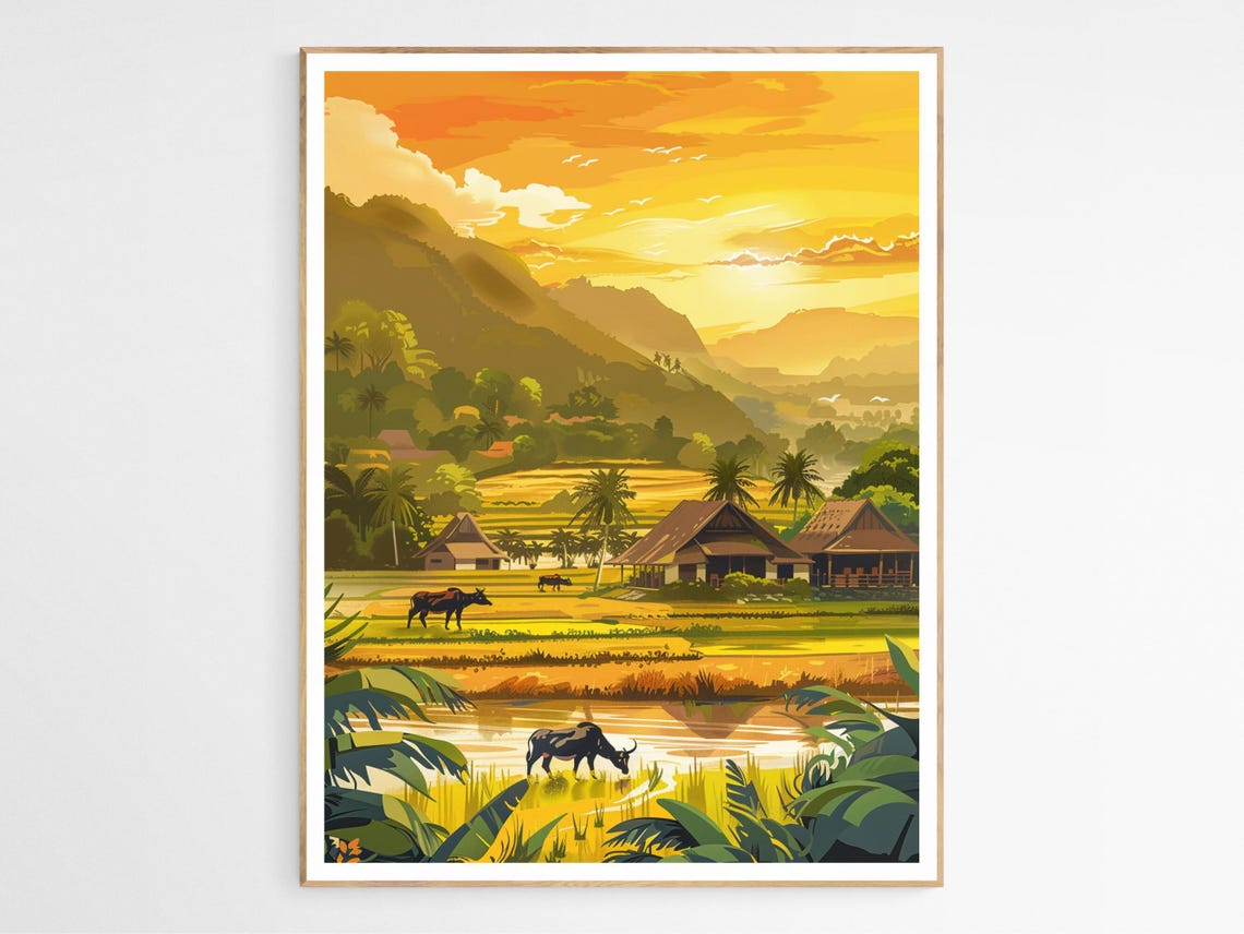 Vietnam Rice Field Sunset Painting Water Buffalo Village Poster