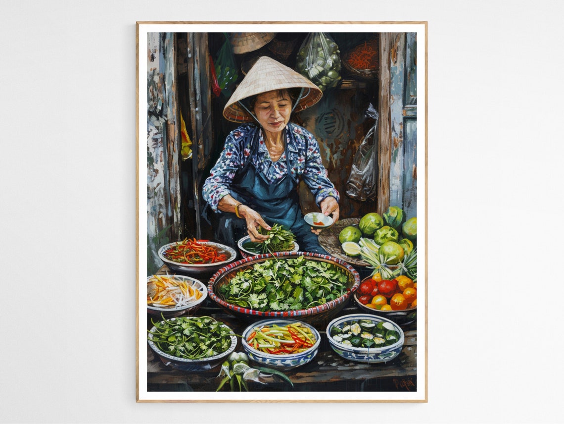 Vietnamese Market Vendor Preparing Herbs Vietnam Cuisine Print