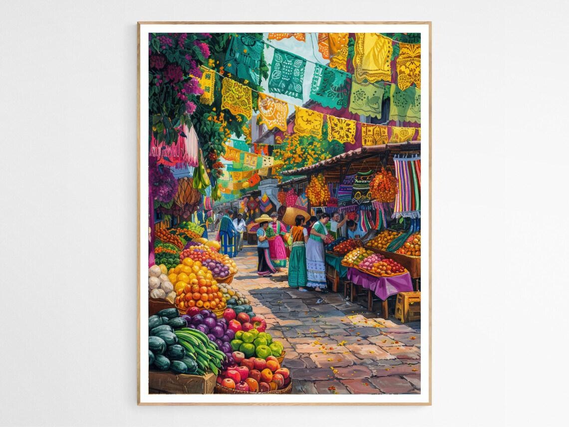 Colorful Mexican Market Street Papel Picado Festival Painting Poster