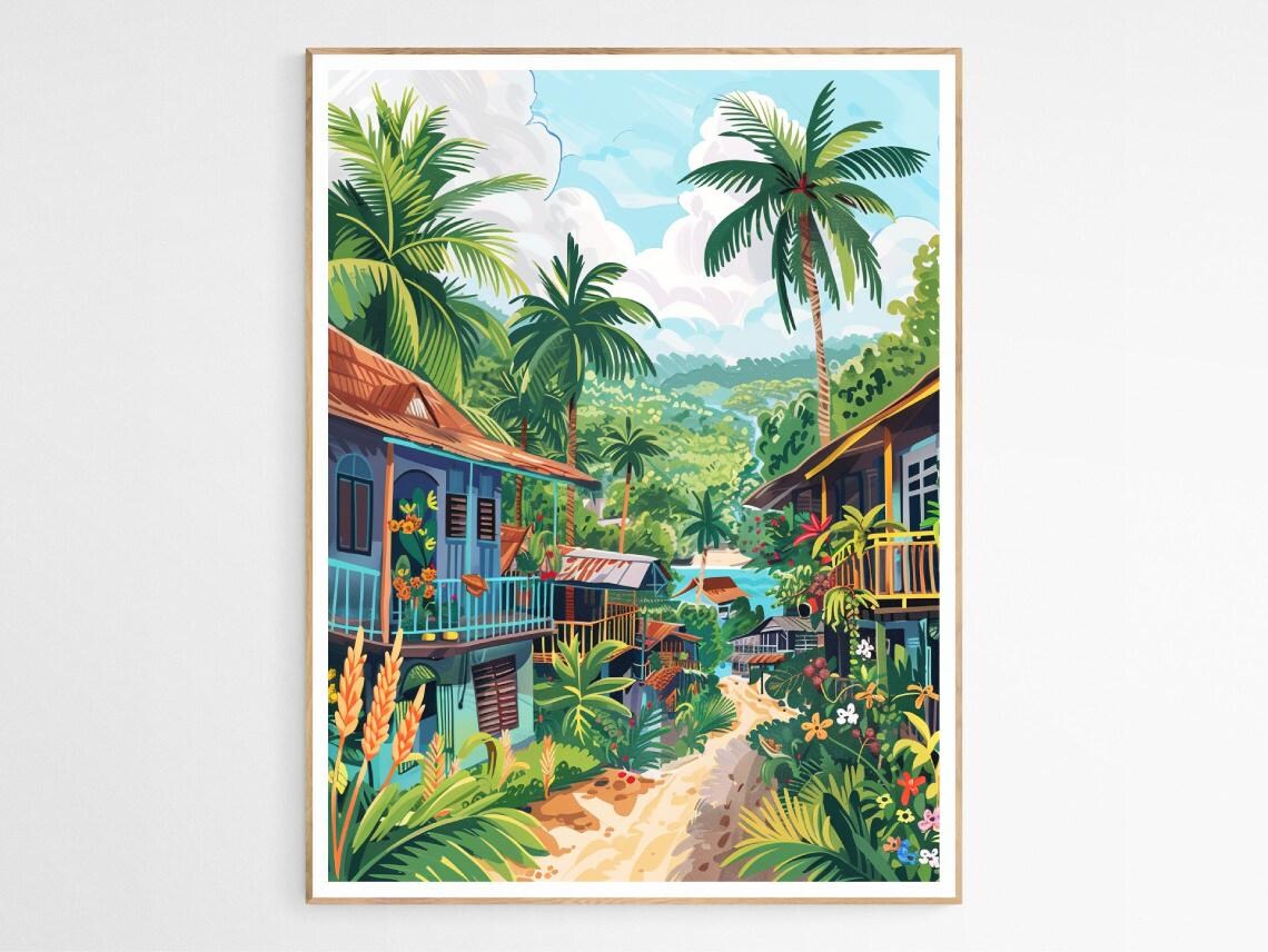 Tropical Island Village Palm Lined Street Vibrant Painting Poster