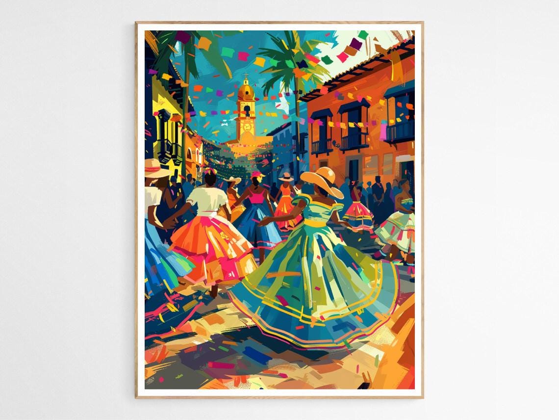 Puerto Rican Joyful Salsa Dancers Festival Street Scene Art Poster