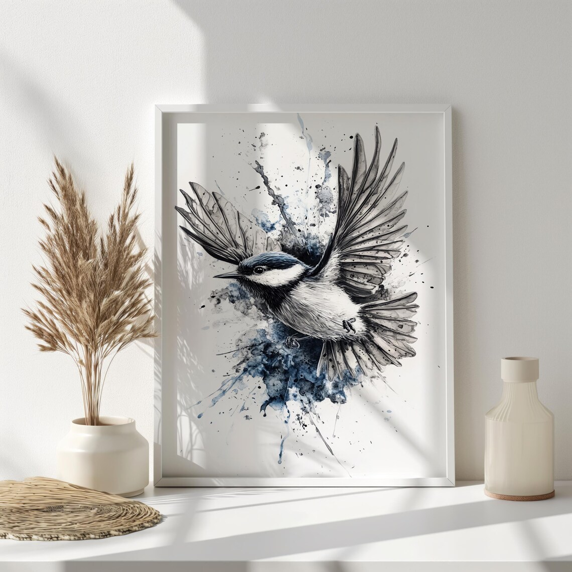 Flying Chickadee Watercolor Splash Black White Blue Bird Wall Art