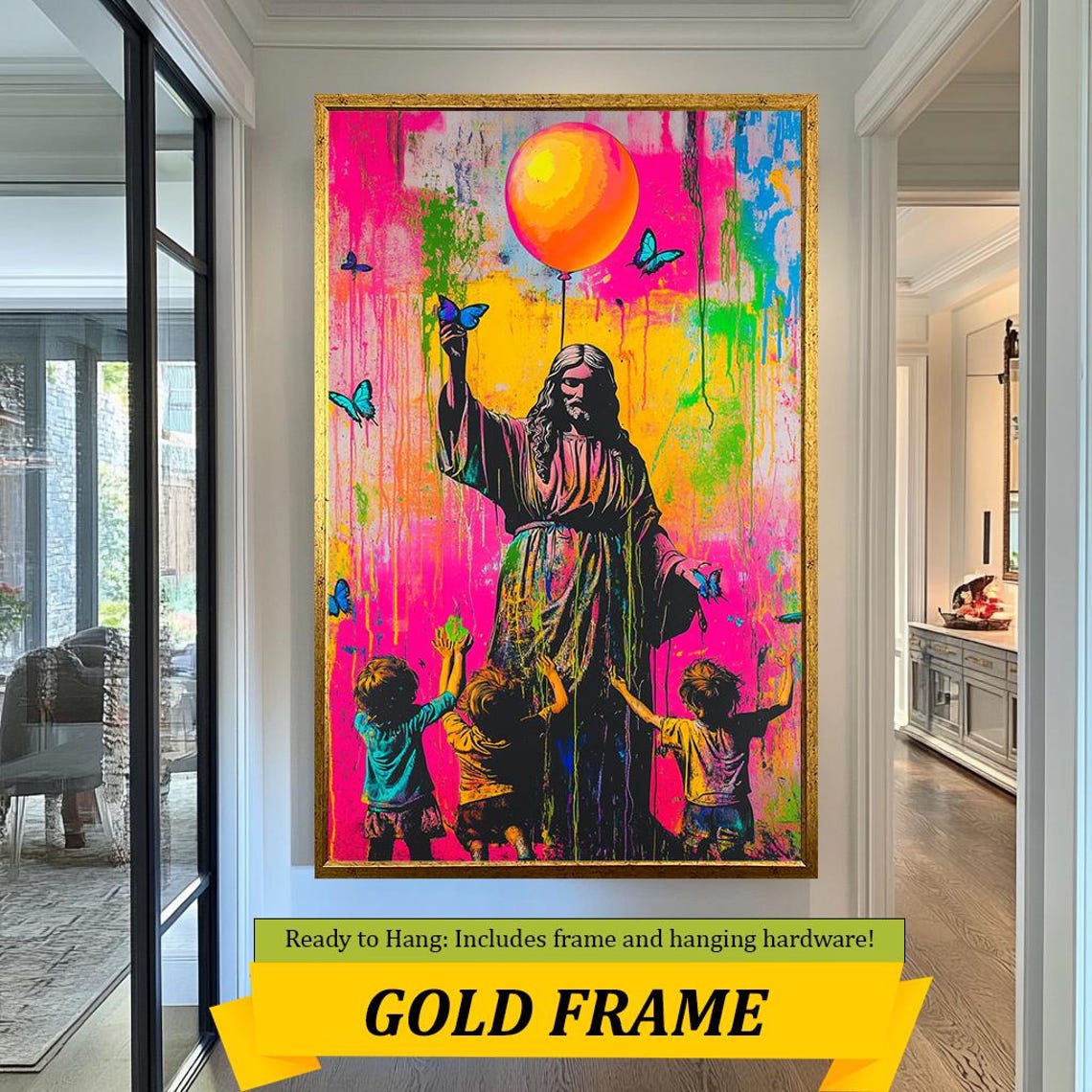 Jesus Lifting Balloon Children Reaching Neon Paint Drip Wall Art - Image 3