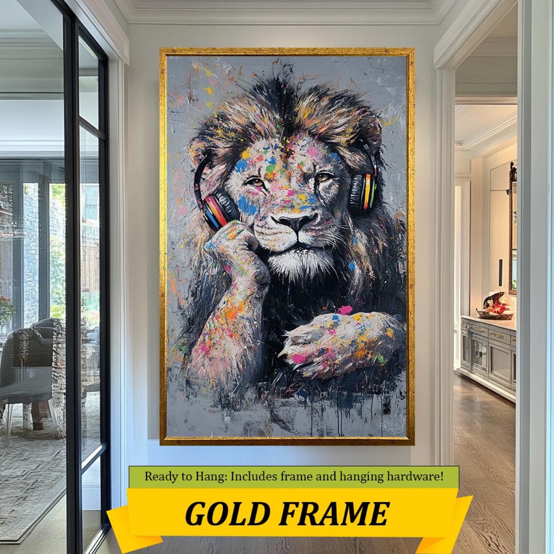 Thoughtful Lion With Headphones Paint Splatter Creative Wildlife Art - Image 3