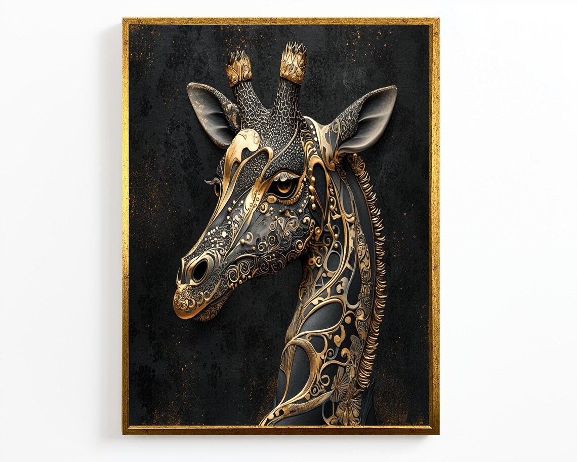 Regal Black Giraffe With Gold Filigree Ornate Animal Portrait Wall Art - Image 2