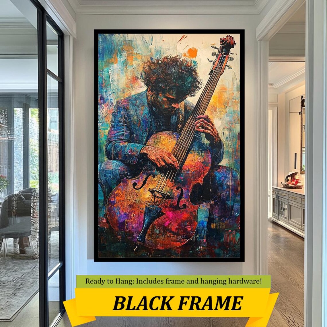 Colorful Double Bass Musician Abstract Painting Jazz Blues Wall Art - Image 3
