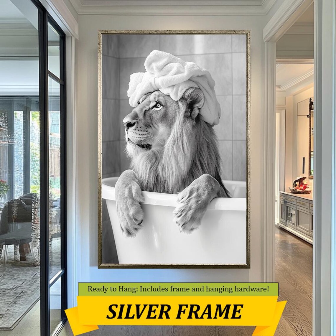 Funny Lion In Bathtub With Towel Black And White Bathroom Wall Art Poster - Image 3