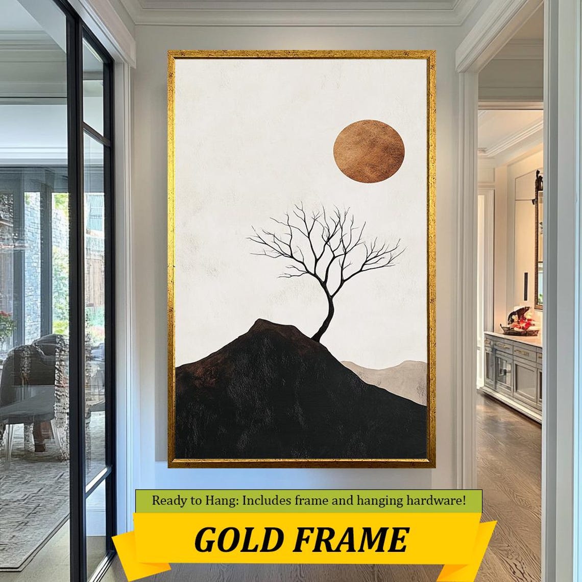 Zen Bare Tree on Dark Hill Bronze Sun Minimalist Nature Wall Art - Image 3