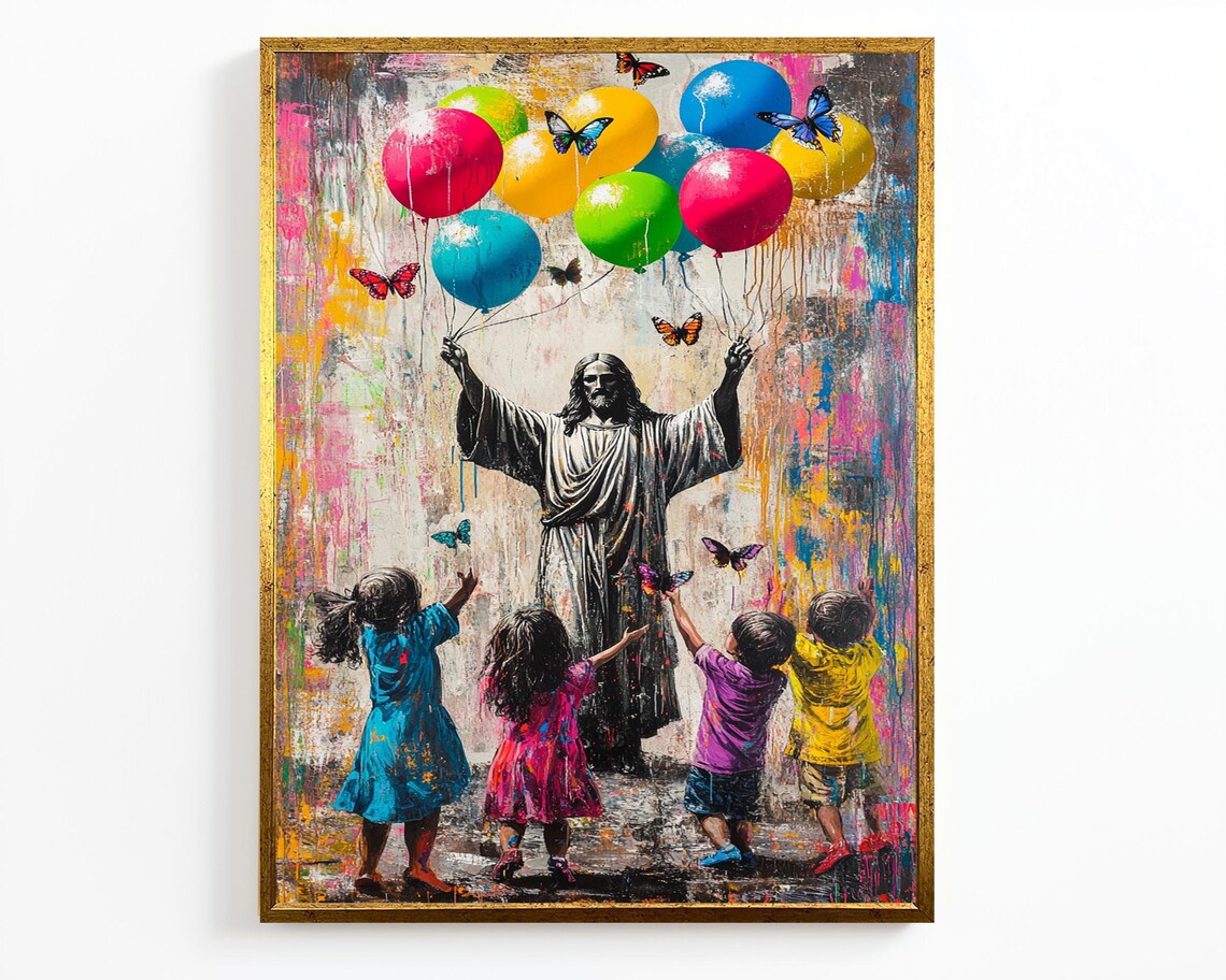 Jesus Arms Up Balloons Butterflies Four Children Textured Graffiti Poster - Image 2