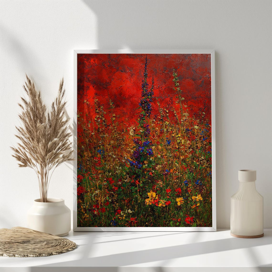 Red Sunset Wildflower Garden Impasto Poppies Meadow Painting Wall Art - Image 3