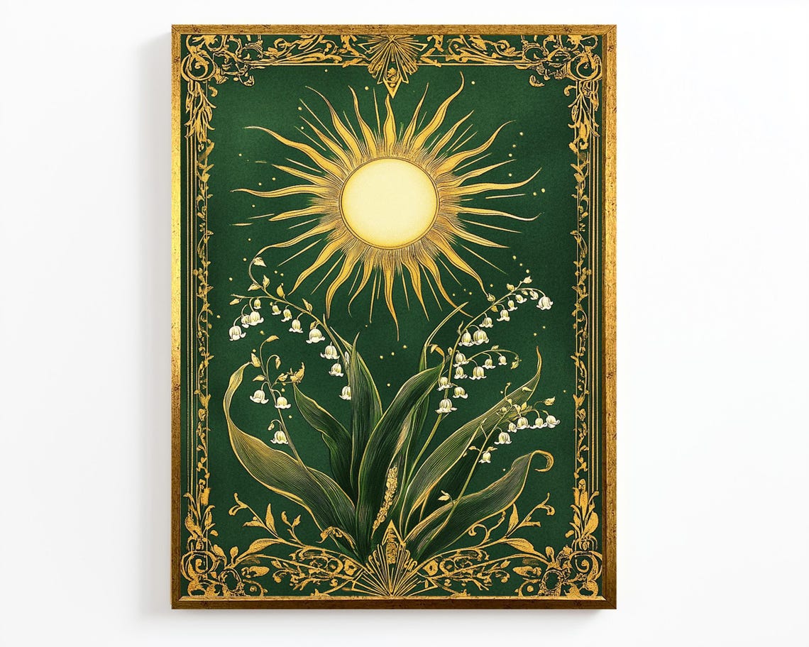 Ornate Golden Sun Lily Of The Valley Vintage Green Framed Style Poster - Image 2