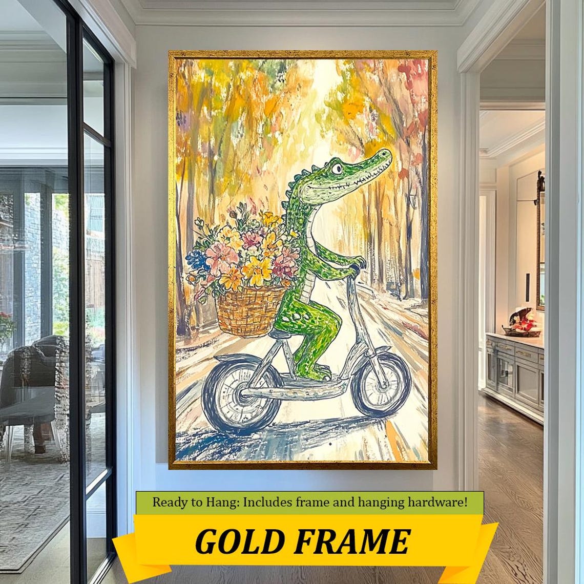Whimsical Alligator On Bicycle Flower Basket Autumn Road Wall Art - Image 3