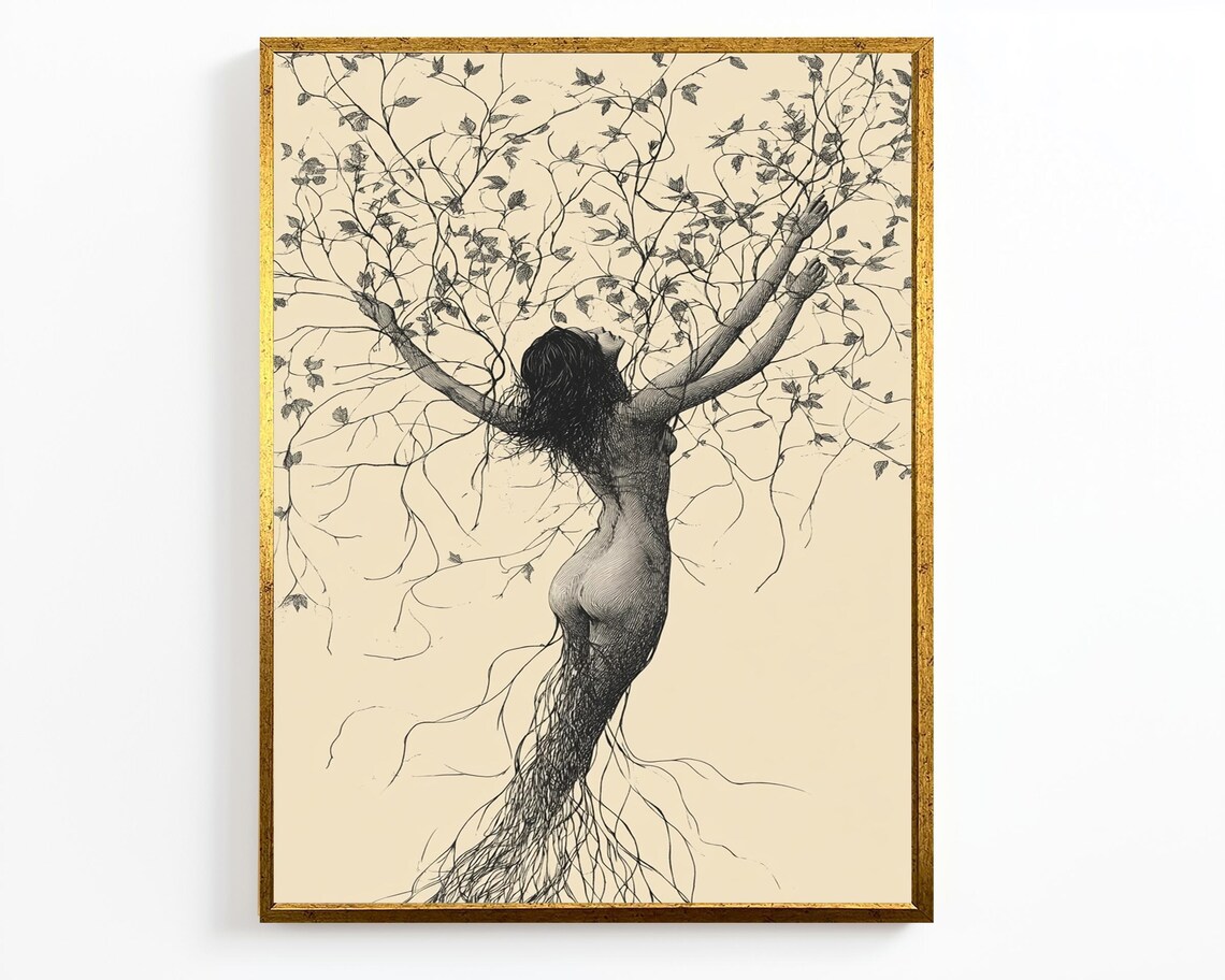 Ethereal Tree Woman Botanical Line Art Feminine Surreal Nature Poster - Image 2
