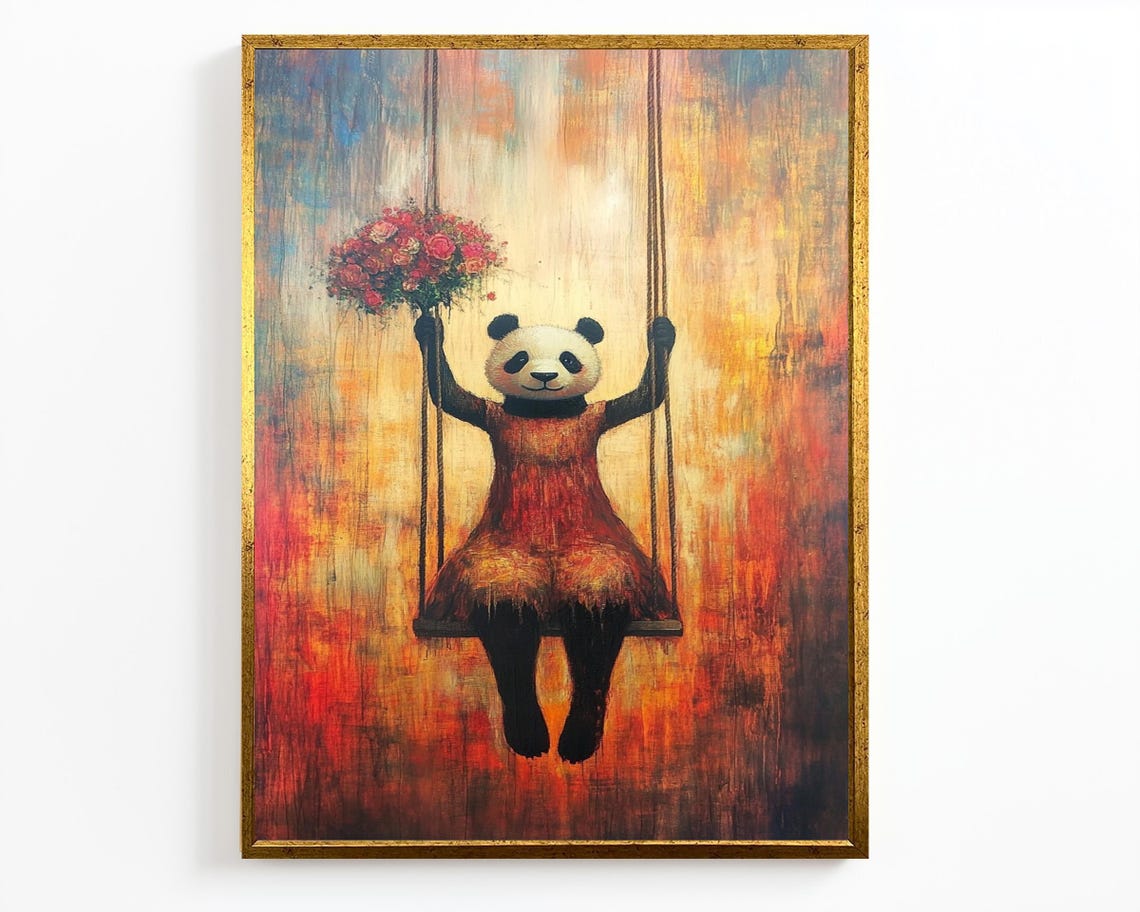 Cute Panda On Swing With Flower Bouquet Warm Sunset Art Wall Decor - Image 2
