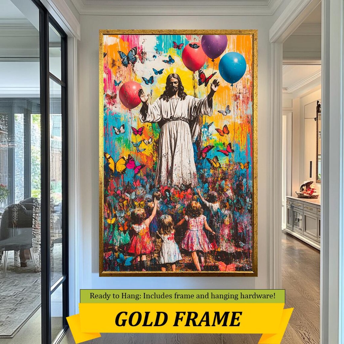 Jesus With Children Balloons Butterflies Colorful Splash Christian Art Poster - Image 3
