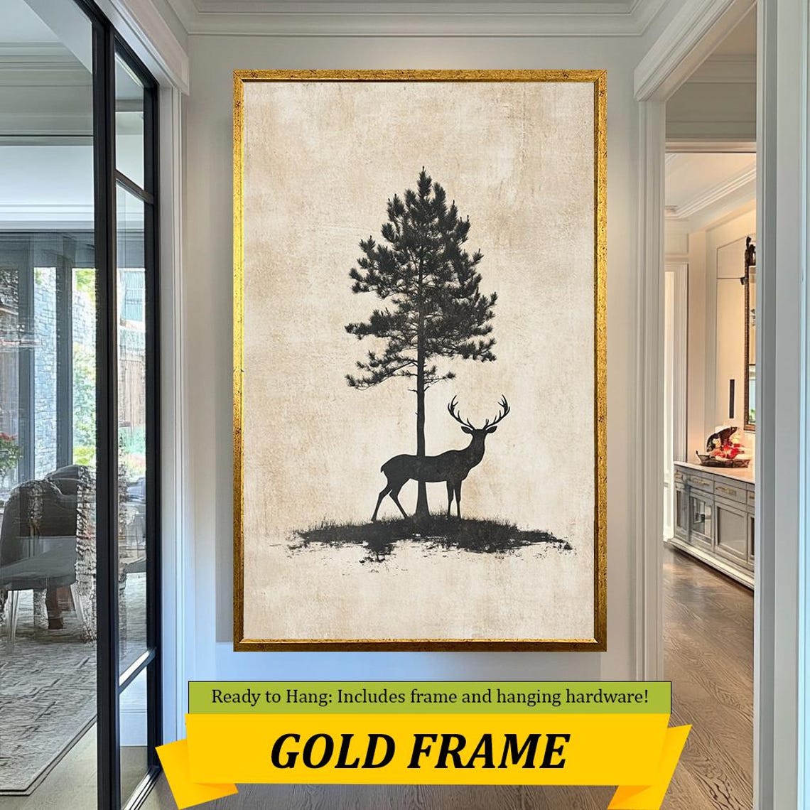 Rustic Black Stag Silhouette Under Pine Tree Vintage Beige Wall Art - Image 3