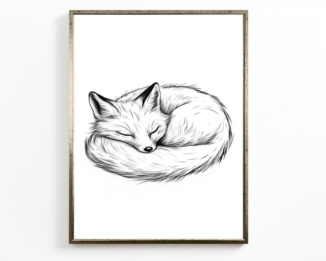 Minimalist Sleeping Fox Curled Circle Ink Sketch Animal Wall Art - Image 2