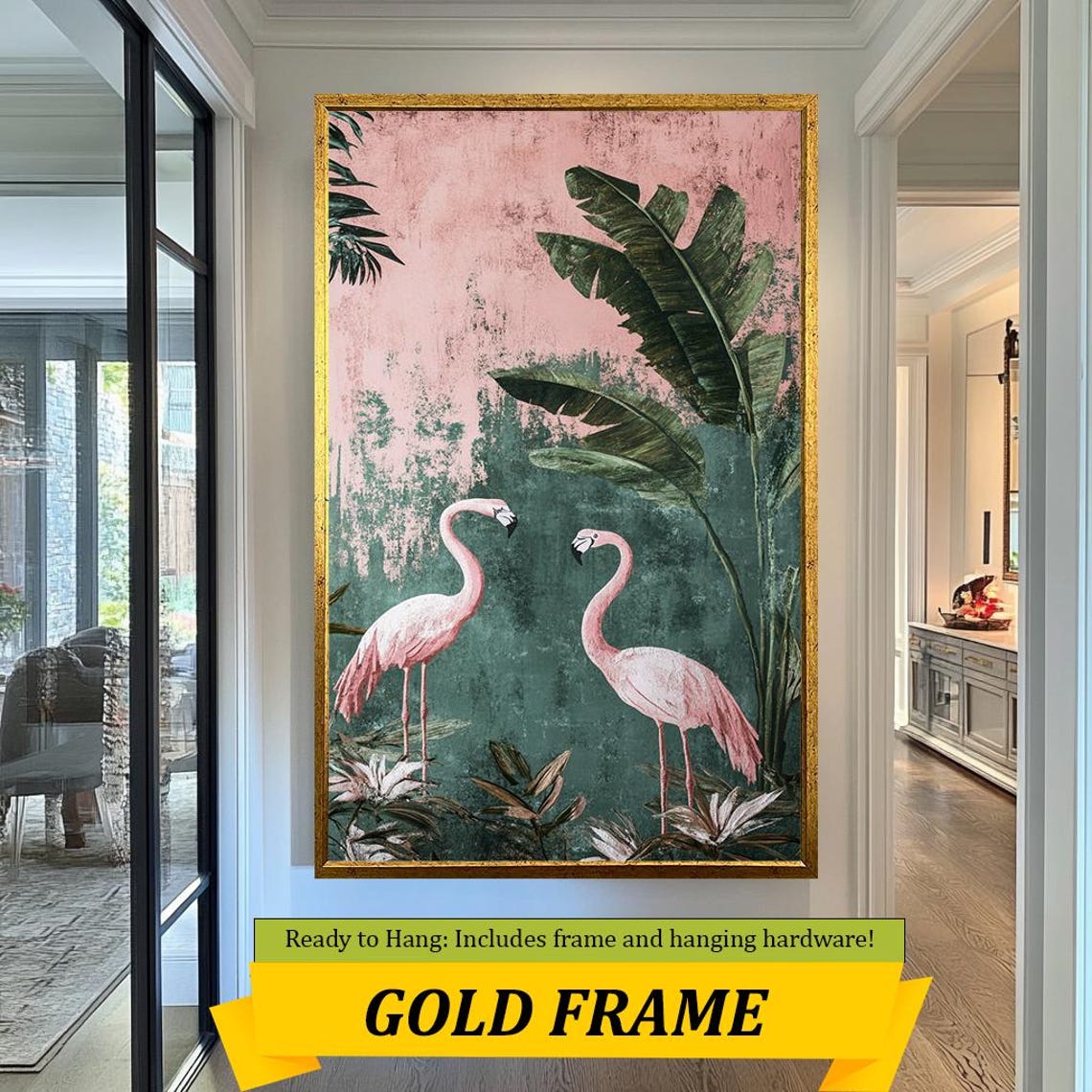 Tropical Pink Flamingos Banana Leaves Vintage Pink Green Wall Art - Image 3