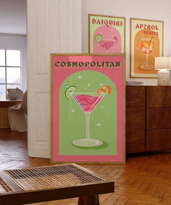Cosmopolitan Pink Retro Martini Cocktail Bar Decor with Green Arch Poster