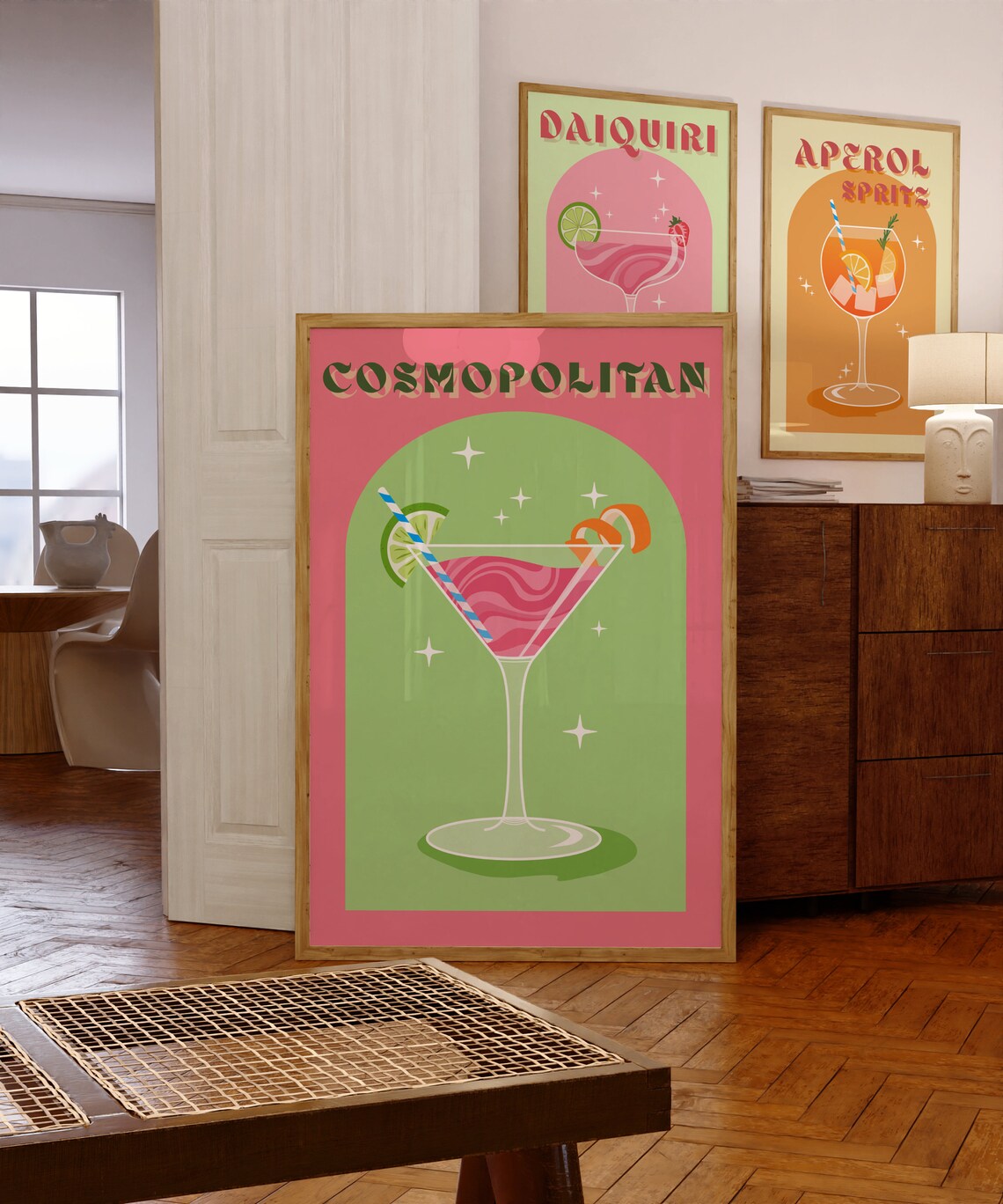 Cosmopolitan Pink Retro Martini Cocktail Bar Decor with Green Arch Poster