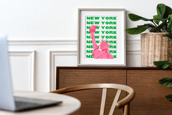 New York City Print Art Pink And Green Nyc Poster Cute Trendy Wall Decor Living Room