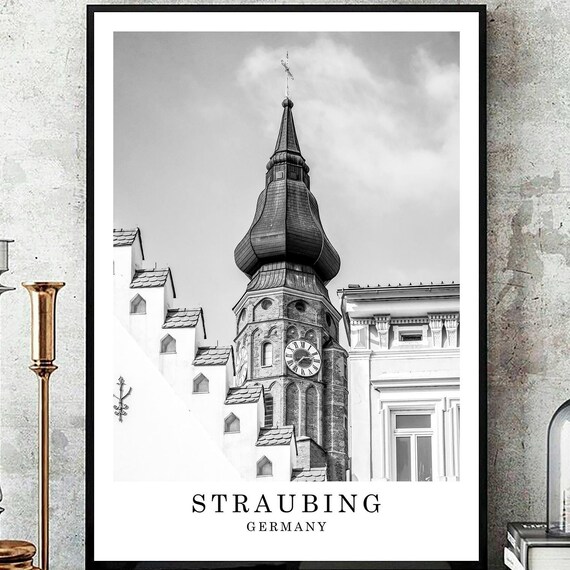 Straubing Germany Church Clock Tower Old Town Black White Photo Poster