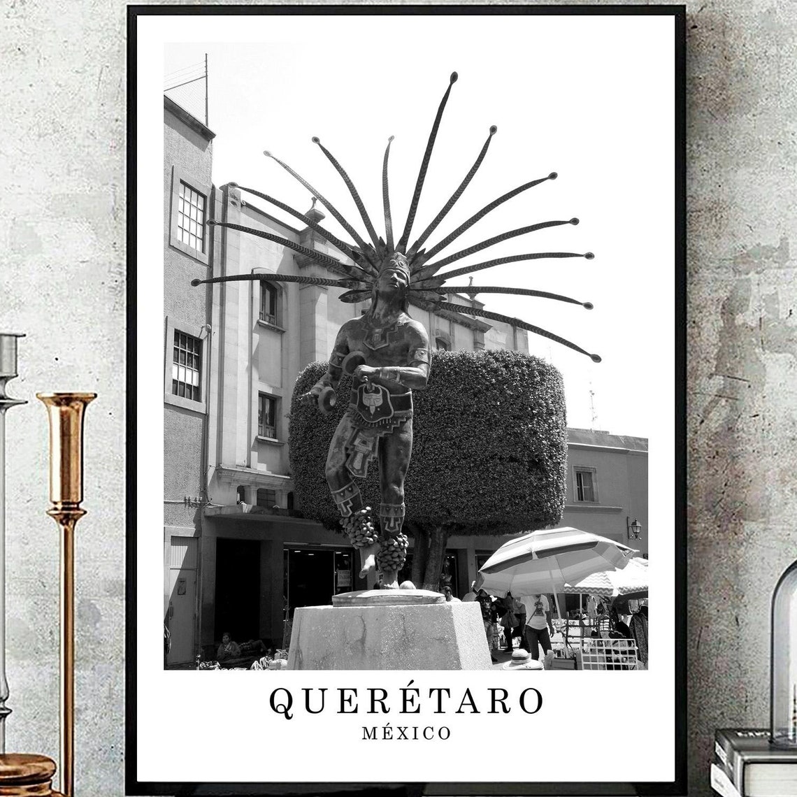 Queretaro Mexico Aztec Warrior Statue Black White Photo Poster