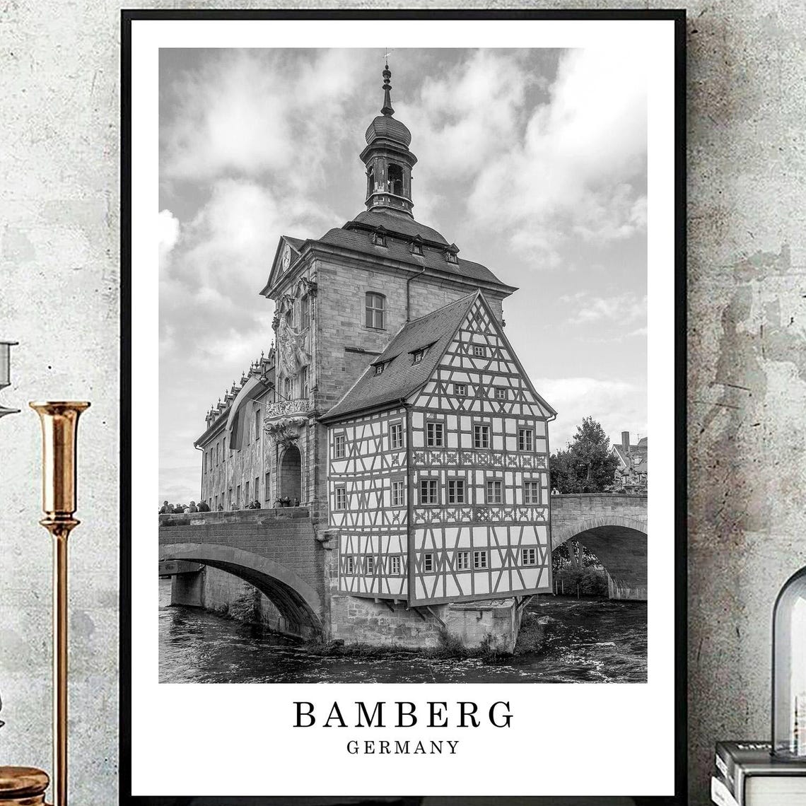 Bamberg Germany Old Town Hall Bridge Black And White Travel Poster