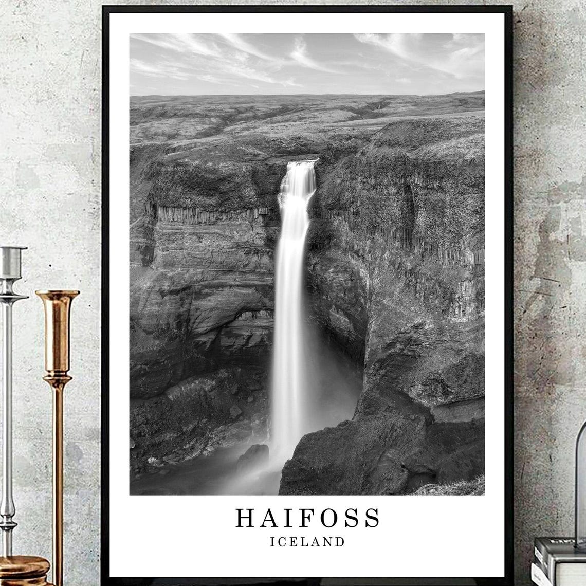 Haifoss Iceland Waterfall Canyon Black And White Minimalist Poster