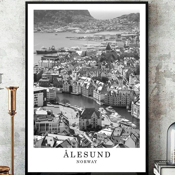 Alesund Norway Harbor Panoramic View Black And White Travel Poster