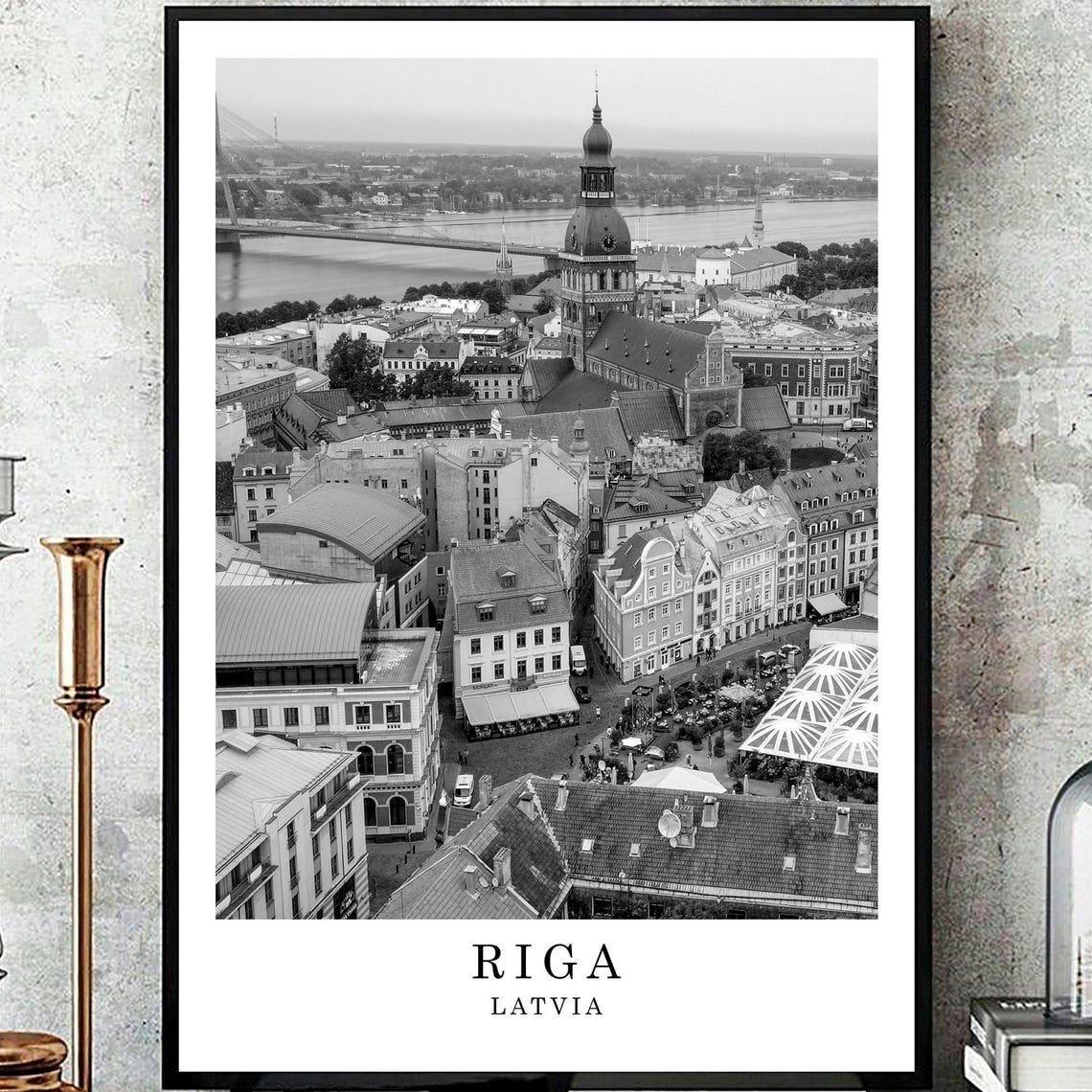 Riga Latvia Old Town Aerial River View Black White Travel Poster