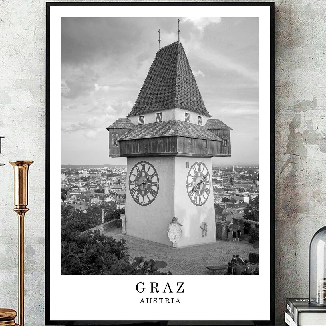 Graz Austria Clock Tower Uhrturm City View Black White Photo Poster