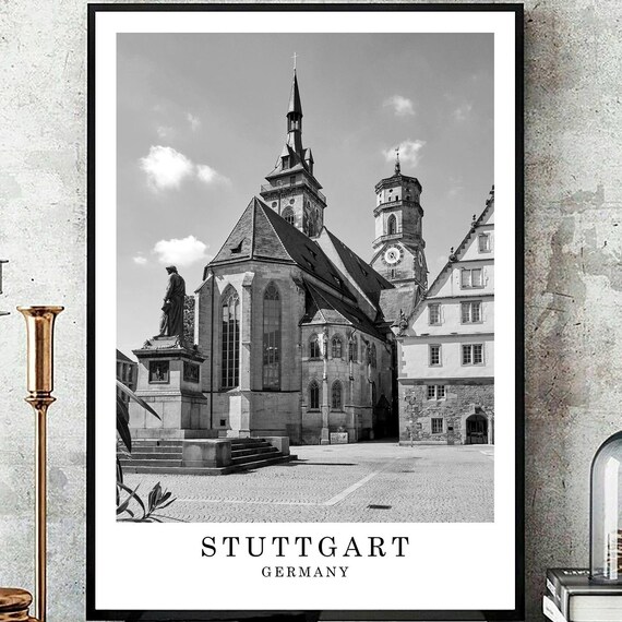 Stuttgart Germany Stiftskirche Church Old Town Black White Photo Poster