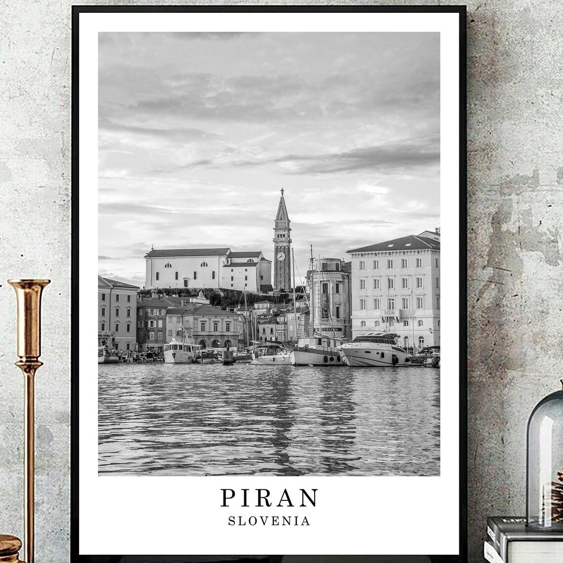Piran Slovenia Harbor Black And White Minimalist Travel Poster