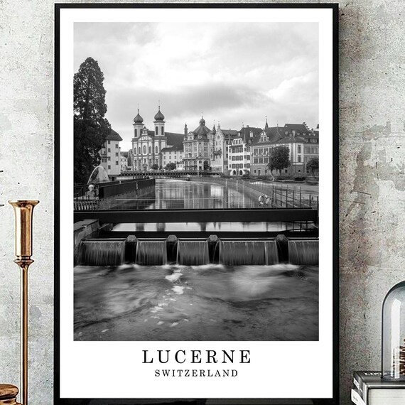 Lucerne Switzerland Old Town River Weir Black White Photo Poster
