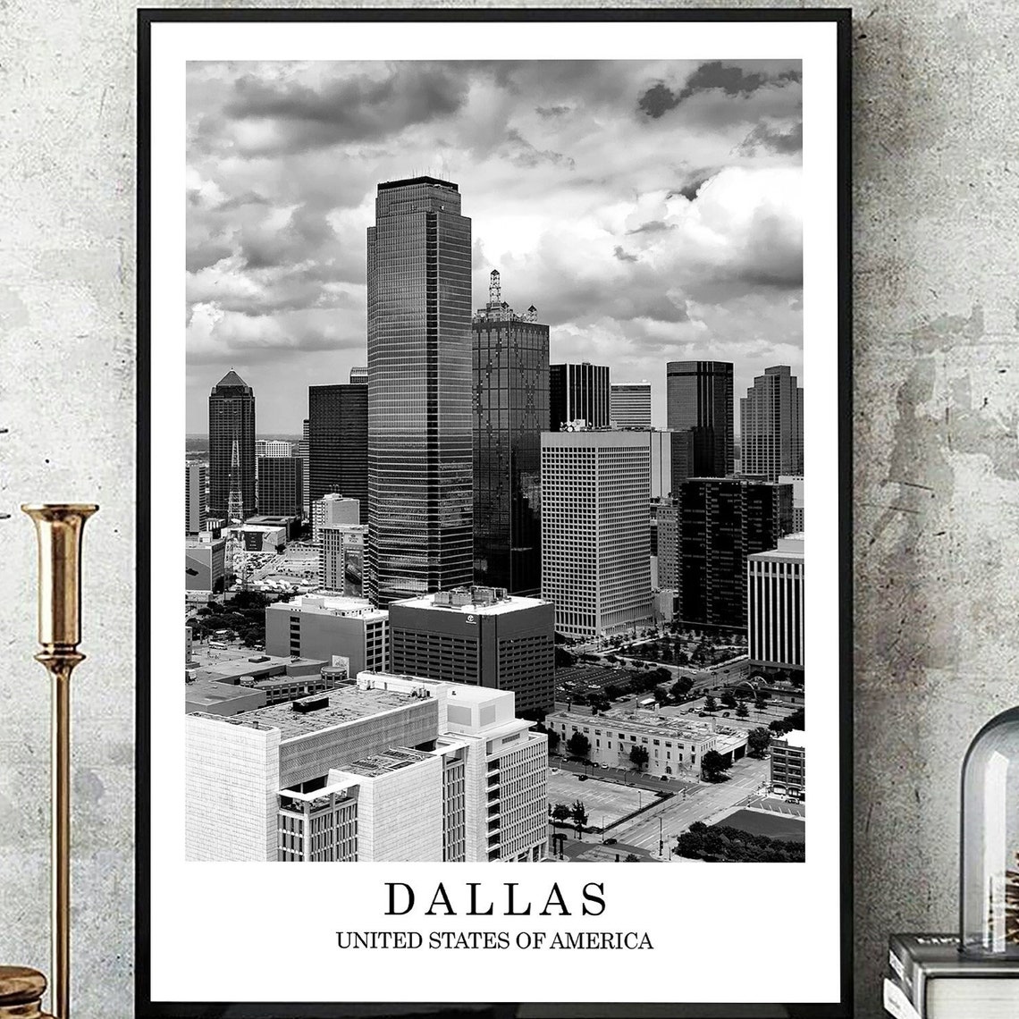 Dallas Texas Downtown Skyline Aerial Black White Photo Poster
